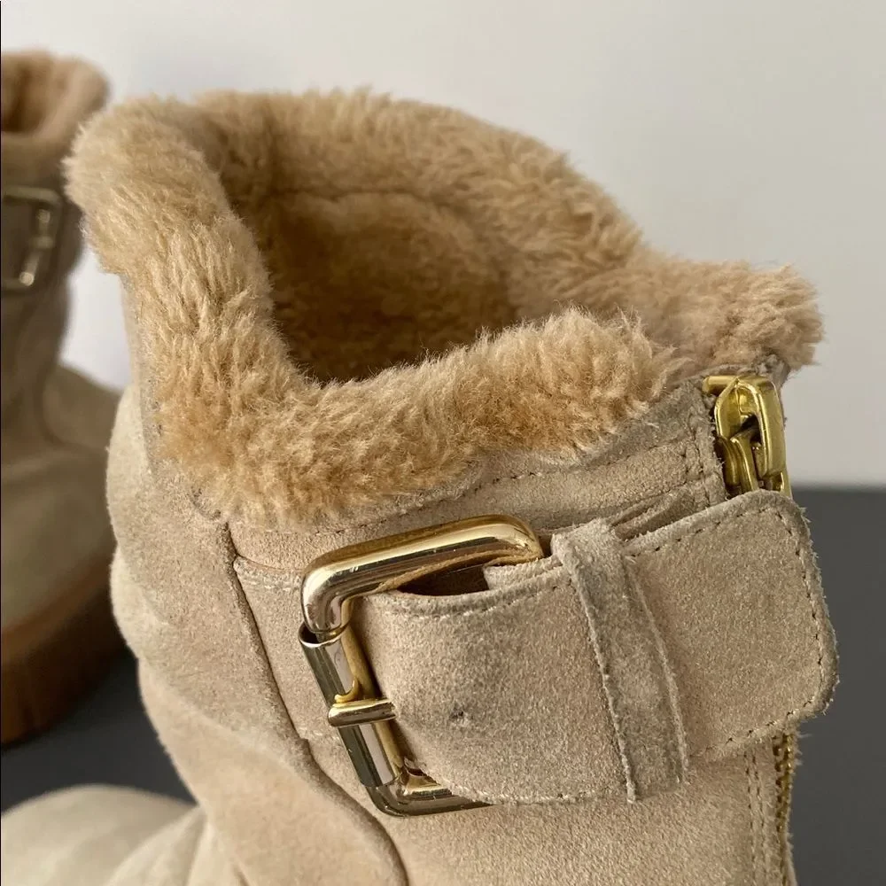 Free People Fable Faux Fur Chunky Boots 38 (7.5-8) Tan Suede Lug Sole Ankle Boho